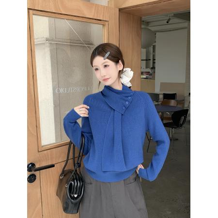 FA50652# 冬季新款加厚保暖可拆卸围巾领针织毛衣+ 服裝批發女裝批發服飾貨源