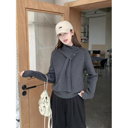 FA50652# 冬季新款加厚保暖可拆卸围巾领针织毛衣+ 服裝批發女裝批發服飾貨源