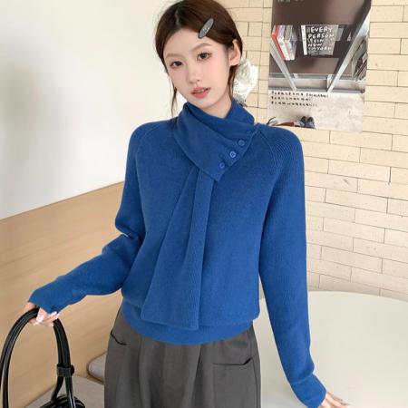 FA50652# 冬季新款加厚保暖可拆卸围巾领针织毛衣+ 服裝批發女裝批發服飾貨源