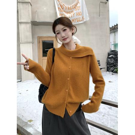 FA50653# 秋冬韩系设计感荷叶边无缝一体针织开衫毛衣 服裝批發女裝批發服飾貨源