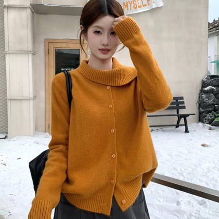 FA50653# 秋冬韩系设计感荷叶边无缝一体针织开衫毛衣 服裝批發女裝批發服飾貨源