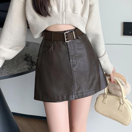 FA50657# 皮裙裤女秋冬休闲皮裤裙百搭半身裙pu皮短裙高腰a字裙裤 服裝批發女裝批發服飾貨源