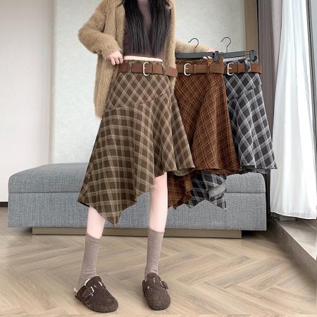 FA50659# 冬新款网红辣妹毛呢格子半身裙女不规则裙摆中长款半裙 服裝批發女裝批發服飾貨源
