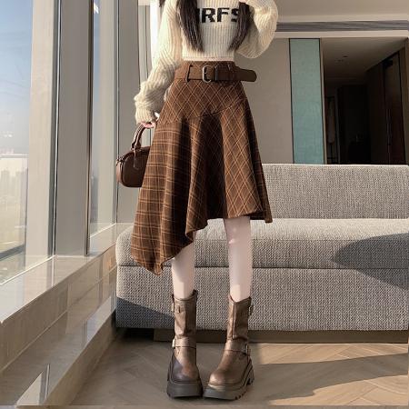 FA50659# 冬新款网红辣妹毛呢格子半身裙女不规则裙摆中长款半裙 服裝批發女裝批發服飾貨源