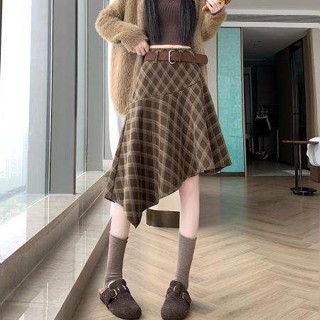 FA50659# 冬新款网红辣妹毛呢格子半身裙女不规则裙摆中长款半裙 服裝批發女裝批發服飾貨源