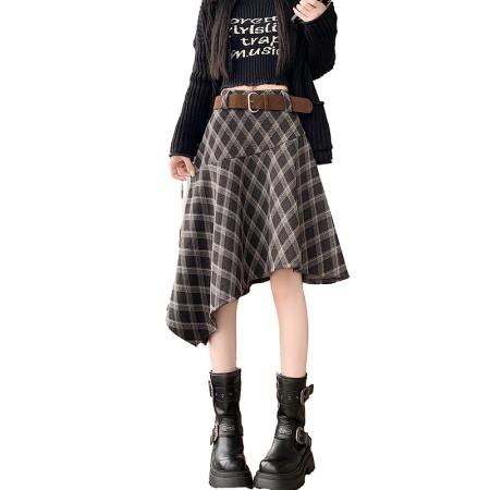 FA50659# 冬新款网红辣妹毛呢格子半身裙女不规则裙摆中长款半裙 服裝批發女裝批發服飾貨源