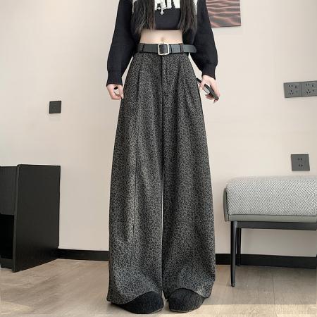 FA50660# 冬季新版百搭显瘦潮流加绒加厚毛呢豹纹面料阔腿裤长裤 服裝批發女裝批發服飾貨源