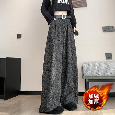 FA50660# 冬季新版百搭显瘦潮流加绒加厚毛呢豹纹面料阔腿裤长裤 服裝批發女裝批發服飾貨源