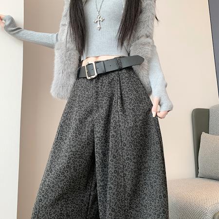 FA50660# 冬季新版百搭显瘦潮流加绒加厚毛呢豹纹面料阔腿裤长裤 服裝批發女裝批發服飾貨源