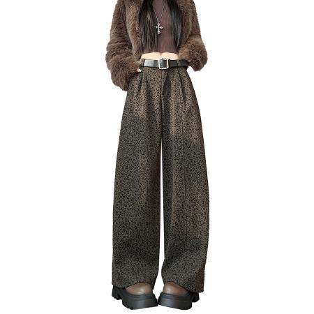 FA50660# 冬季新版百搭显瘦潮流加绒加厚毛呢豹纹面料阔腿裤长裤 服裝批發女裝批發服飾貨源