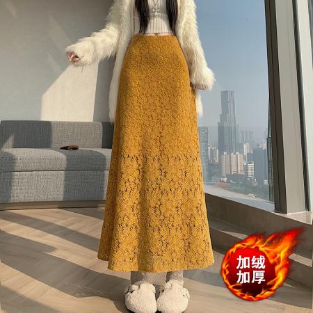 FA50663# 秋冬显瘦百搭中长款半身裙植绒蕾丝花边加绒遮胯鱼尾裙 服裝批發女裝批發服飾貨源