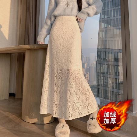 FA50663# 秋冬显瘦百搭中长款半身裙植绒蕾丝花边加绒遮胯鱼尾裙 服裝批發女裝批發服飾貨源