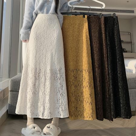 FA50663# 秋冬显瘦百搭中长款半身裙植绒蕾丝花边加绒遮胯鱼尾裙 服裝批發女裝批發服飾貨源