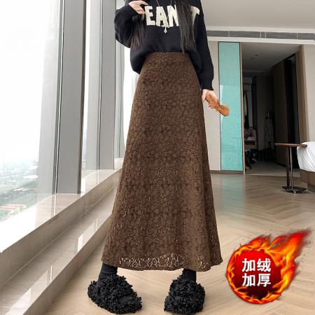 FA50663# 秋冬显瘦百搭中长款半身裙植绒蕾丝花边加绒遮胯鱼尾裙 服裝批發女裝批發服飾貨源