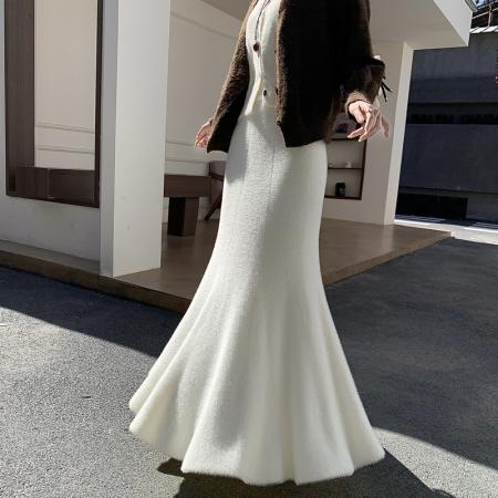 FA50664# 秋冬水貂毛针织半身裙长裙女加厚高腰显瘦气质包臀鱼尾裙 服裝批發女裝批發服飾貨源