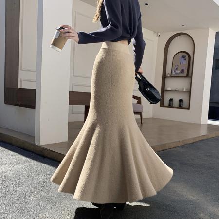 FA50664# 秋冬水貂毛针织半身裙长裙女加厚高腰显瘦气质包臀鱼尾裙 服裝批發女裝批發服飾貨源
