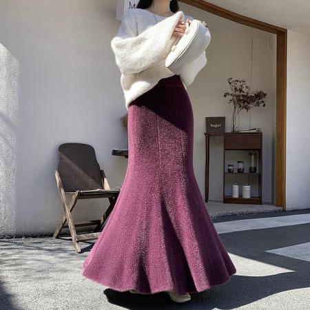 FA50664# 秋冬水貂毛针织半身裙长裙女加厚高腰显瘦气质包臀鱼尾裙 服裝批發女裝批發服飾貨源