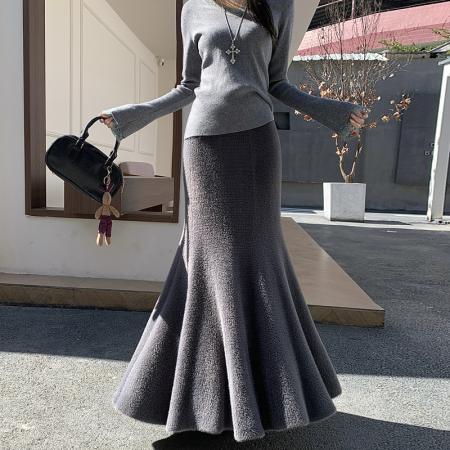 FA50664# 秋冬水貂毛针织半身裙长裙女加厚高腰显瘦气质包臀鱼尾裙 服裝批發女裝批發服飾貨源