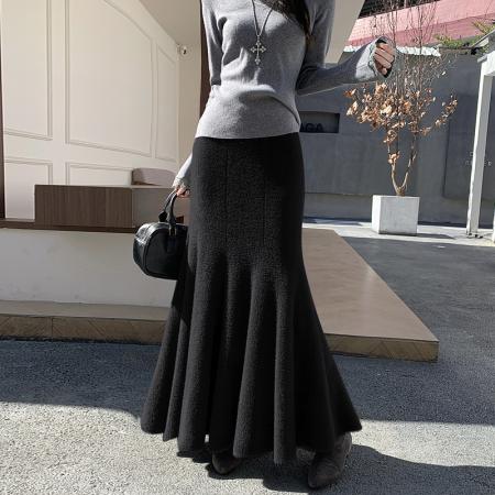 FA50664# 秋冬水貂毛针织半身裙长裙女加厚高腰显瘦气质包臀鱼尾裙 服裝批發女裝批發服飾貨源