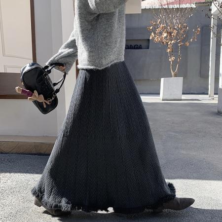 FA50665# 深灰色流苏针织半身裙女秋冬季高腰垂感a字百褶大摆伞裙 服裝批發女裝批發服飾貨源