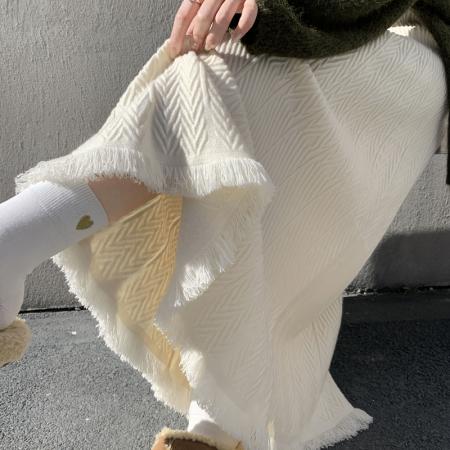 FA50665# 深灰色流苏针织半身裙女秋冬季高腰垂感a字百褶大摆伞裙 服裝批發女裝批發服飾貨源