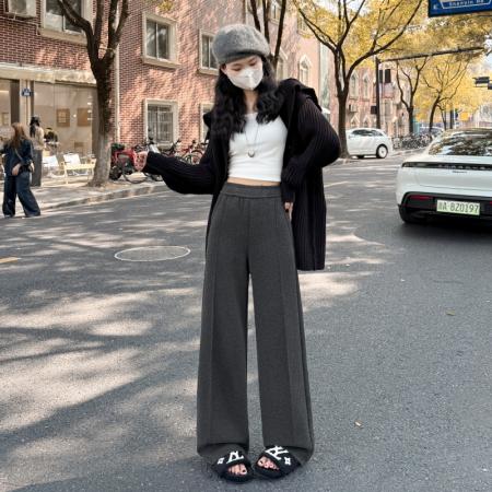 FA50666# 秋冬新款高腰显瘦垂感阔腿裤女加绒加厚细腻软糯美拉德休闲裤 服裝批發女裝批發服飾貨源