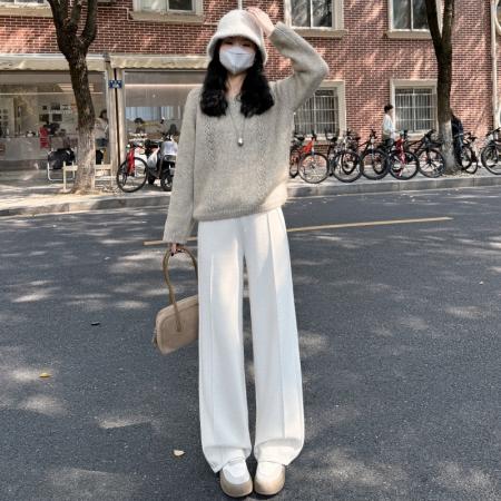 FA50666# 秋冬新款高腰显瘦垂感阔腿裤女加绒加厚细腻软糯美拉德休闲裤 服裝批發女裝批發服飾貨源