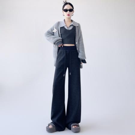 FA50668# 新款高腰显瘦慵懒风直筒阔腿裤女细腻软糯针织休闲运动裤子 服裝批發女裝批發服飾貨源
