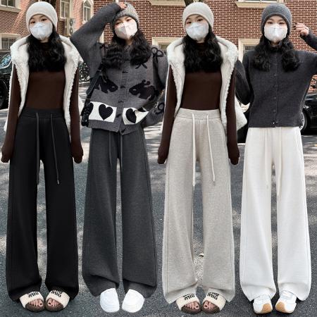 FA50669# 秋冬新款高腰显瘦垂感加厚软糯阔腿裤女窄版松紧腰直筒裤子 服裝批發女裝批發服飾貨源