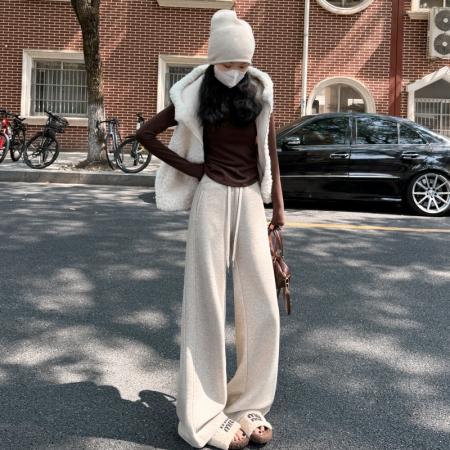 FA50669# 秋冬新款高腰显瘦垂感加厚软糯阔腿裤女窄版松紧腰直筒裤子 服裝批發女裝批發服飾貨源