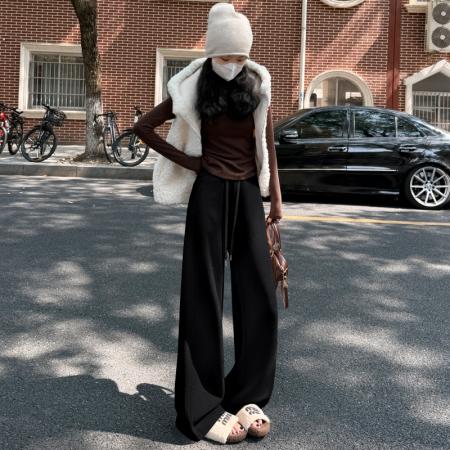 FA50669# 秋冬新款高腰显瘦垂感加厚软糯阔腿裤女窄版松紧腰直筒裤子 服裝批發女裝批發服飾貨源