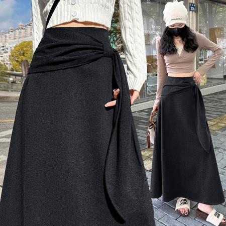 FA50671# 毛呢半身裙女冬新款设计感绑带高腰长裙遮胯显瘦气质复古a字伞裙 服裝批發女裝批發服飾貨源