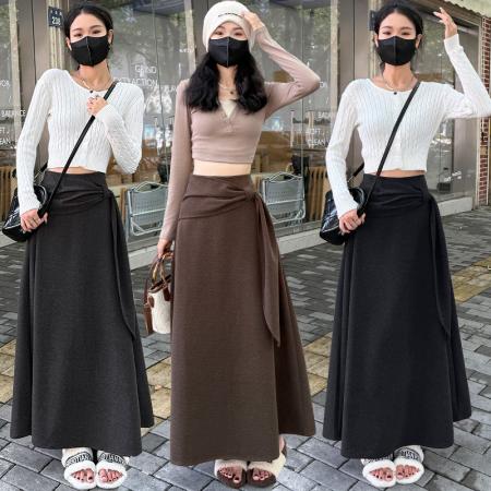 FA50671# 毛呢半身裙女冬新款设计感绑带高腰长裙遮胯显瘦气质复古a字伞裙 服裝批發女裝批發服飾貨源