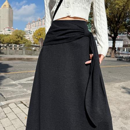 FA50671# 毛呢半身裙女冬新款设计感绑带高腰长裙遮胯显瘦气质复古a字伞裙 服裝批發女裝批發服飾貨源