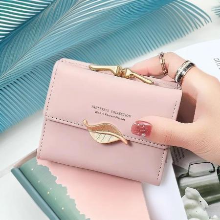 TJ2144# 跨境外贸女士短款钱包韩版PU五金叶子搭扣三折包多卡位折叠零钱包