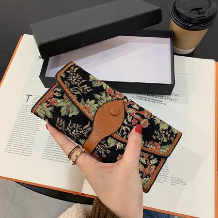 TJ2128# 女士钱包长款2025新款多卡位钱夹大容量帆布搭扣三折叠手拿包批发