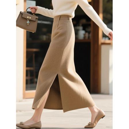 FA50696# 气质休闲百搭高腰显瘦高级感通勤设计秋冬新款浅咖色半身裙女