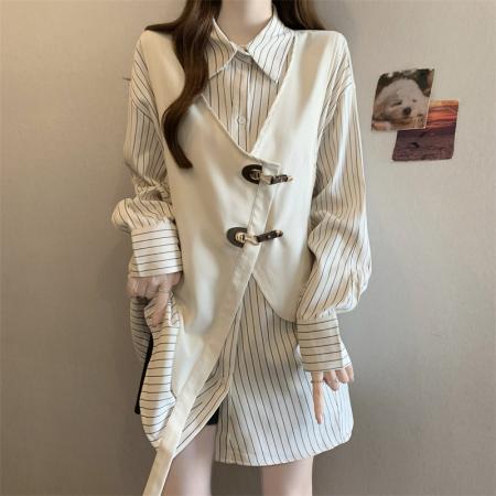 FA50697# 大码胖MM设计感撞色拼接假两条纹衬衫洋气百搭上衣