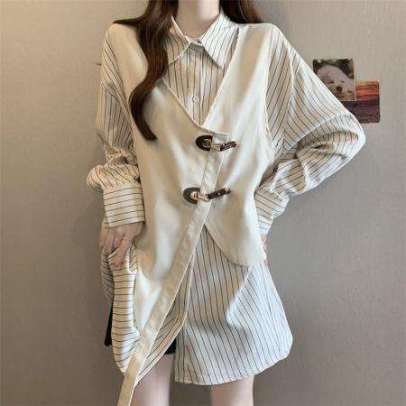 FA50697# 大码胖MM设计感撞色拼接假两条纹衬衫洋气百搭上衣