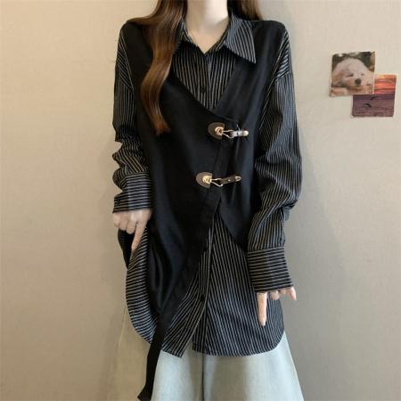 FA50697# 大码胖MM设计感撞色拼接假两条纹衬衫洋气百搭上衣