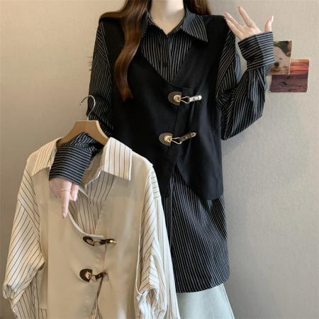 FA50697# 大码胖MM设计感撞色拼接假两条纹衬衫洋气百搭上衣