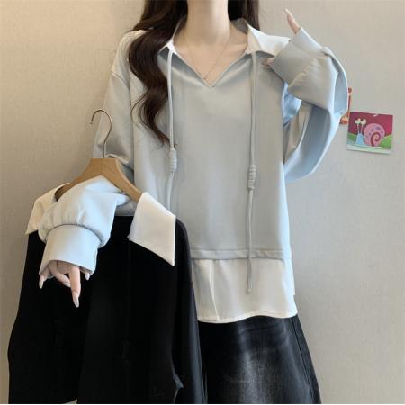 FA50698# 大码胖MM设计感假两件卫衣拼接衬衫洋气百搭上衣
