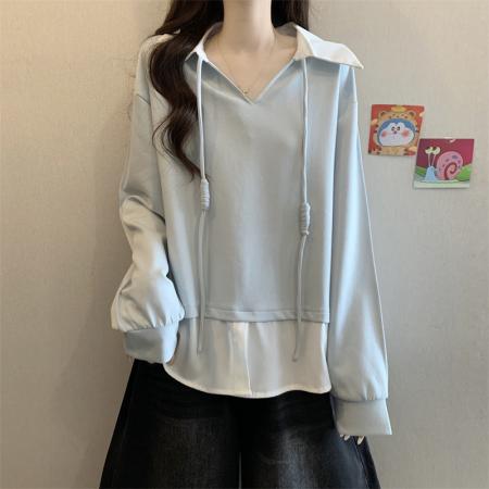FA50698# 大码胖MM设计感假两件卫衣拼接衬衫洋气百搭上衣