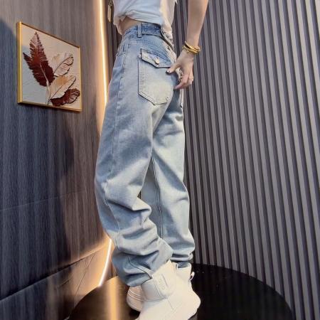 FA50701# 秋冬季新款大码高腰显瘦宽松直筒长裤女胖mm加绒加厚后腰扣牛仔裤