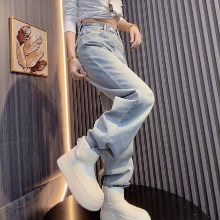 FA50701# 秋冬季新款大码高腰显瘦宽松直筒长裤女胖mm加绒加厚后腰扣牛仔裤