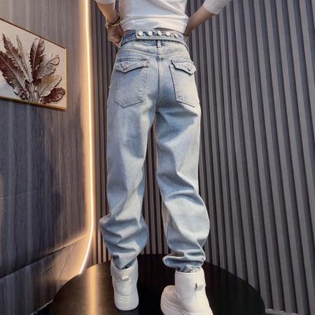 FA50701# 秋冬季新款大码高腰显瘦宽松直筒长裤女胖mm加绒加厚后腰扣牛仔裤