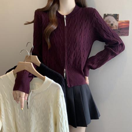 FA50709# 大码秋冬新款紫色针织衫外套女洋气胖mm双拉链短款毛衣开衫