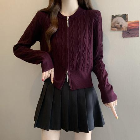 FA50709# 大码秋冬新款紫色针织衫外套女洋气胖mm双拉链短款毛衣开衫