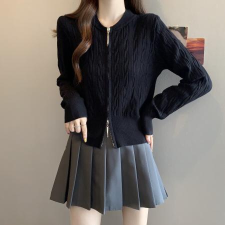 FA50709# 大码秋冬新款紫色针织衫外套女洋气胖mm双拉链短款毛衣开衫