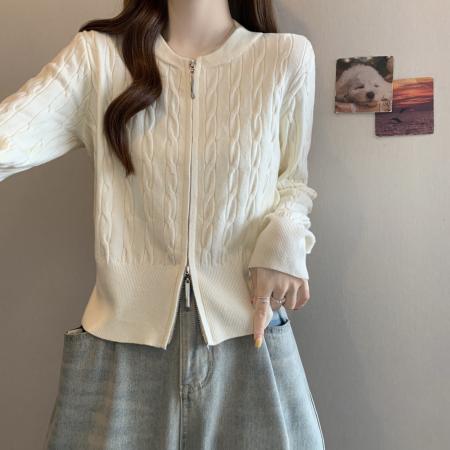 FA50709# 大码秋冬新款紫色针织衫外套女洋气胖mm双拉链短款毛衣开衫